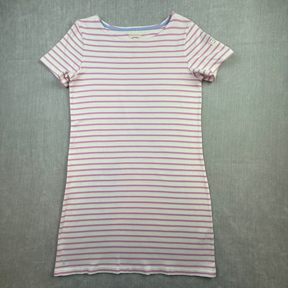 Joules Mariners Grade Pink White Striped Boat Neck T-Shirt Dress US 10 UK 14